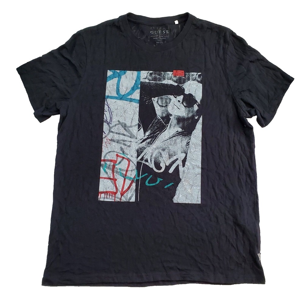 Guess Los Angeles Mens Black Graffiti Graphic T-Shirt Large Streetwear Portrait